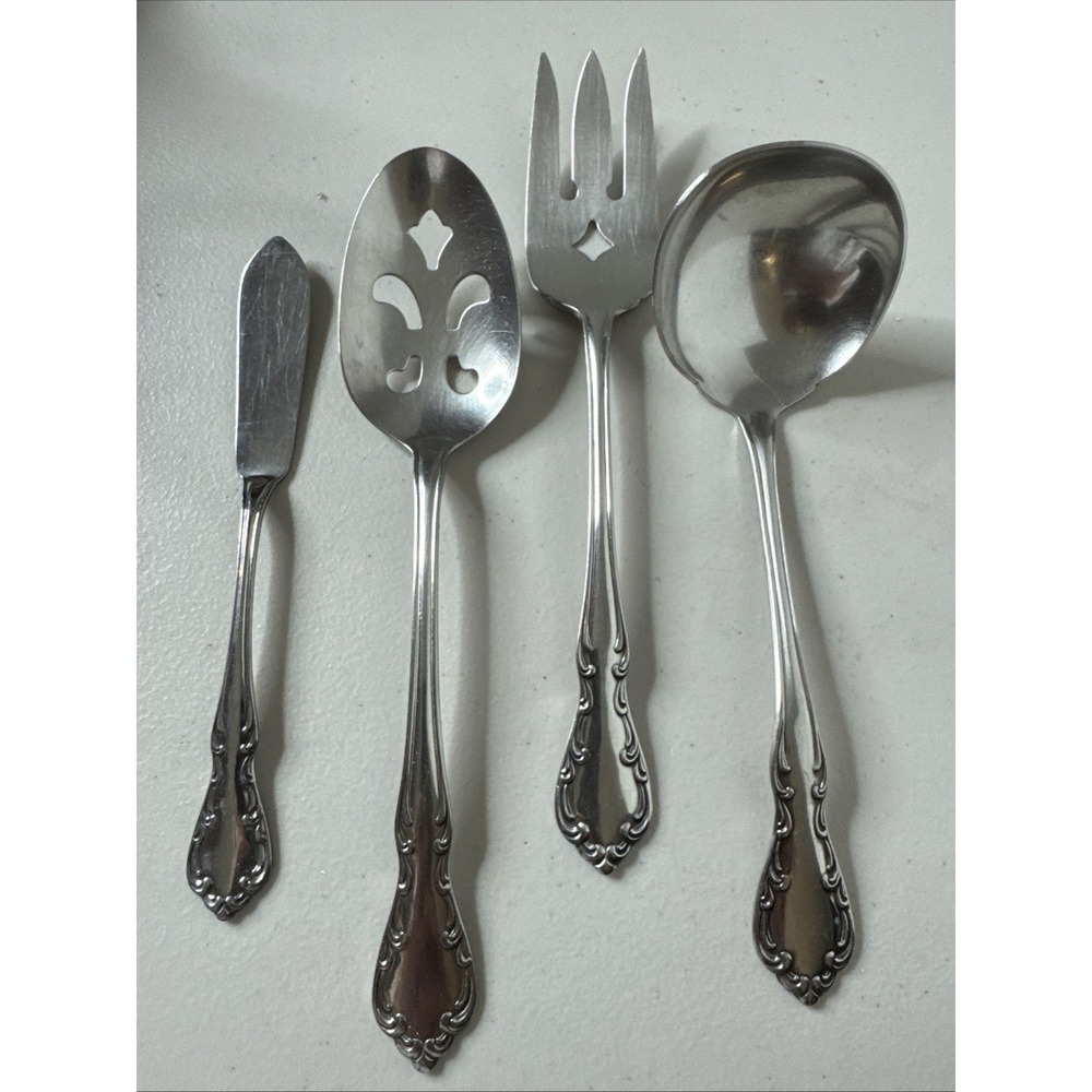 Oneida ST. LOUIS Stainless Glossy Flatware Pierced Serving Spoon Fork Set Of 4